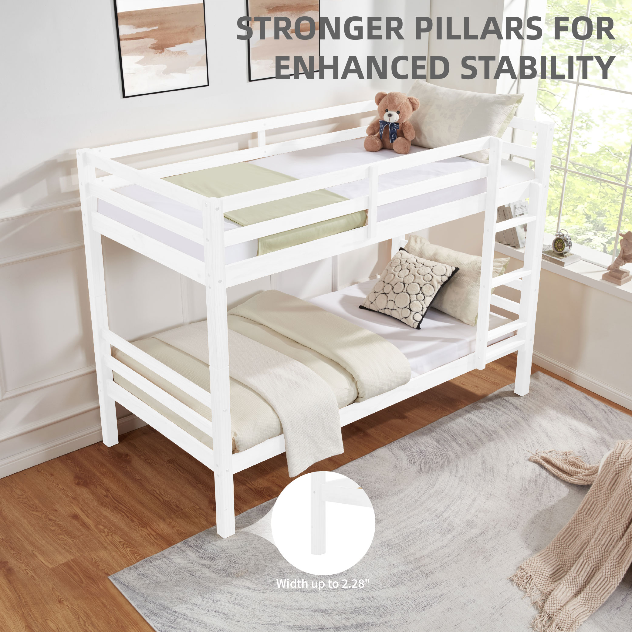 Twin Over Twin Bunk Bed With Thick Posts,Wooden Bunk Bed With High Guardrail And Ladder For Kids, Teens, Dorm Rooms, And Guest Rooms,No Box Spring Needed,White_voghion.com